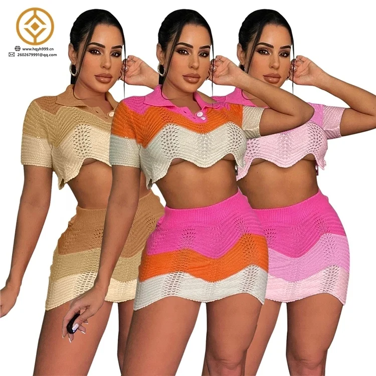 Woman Summer Crop Top Trend Casual Dress Knit Clothes Neon Color Shirt Asymmetric Two Piece Woman Short Dress Skirts Summer Set