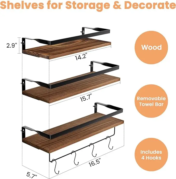 Floating Shelves with Metal Frame Wall Shelf Rustic Wooden Bathroom Shelf Over Toilet