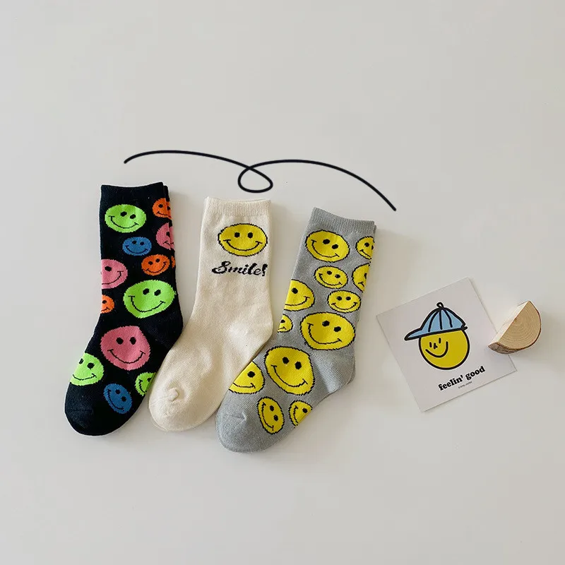 
New design autumn boy children cotton socks candy color with smiley face printed kids socks 