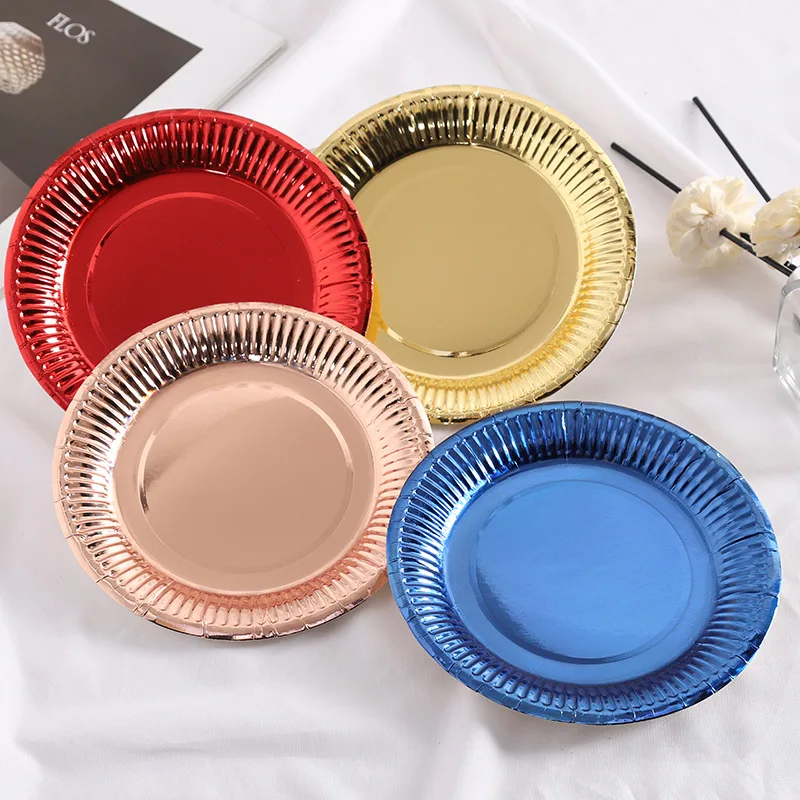 2023 Factory wholesale 7 inch luxury disposable tableware party decoration food cake tray rose blue yellow red gold paper plate