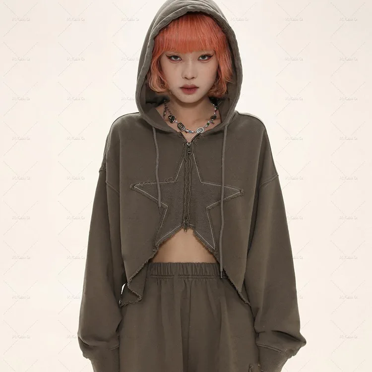 2022 Y2K Outfit Hippie Korean Style Clothes Women Crop Star Top Zip Up Hoodie Short Pullover Zipper Patchwork Hooded Sweatshirts