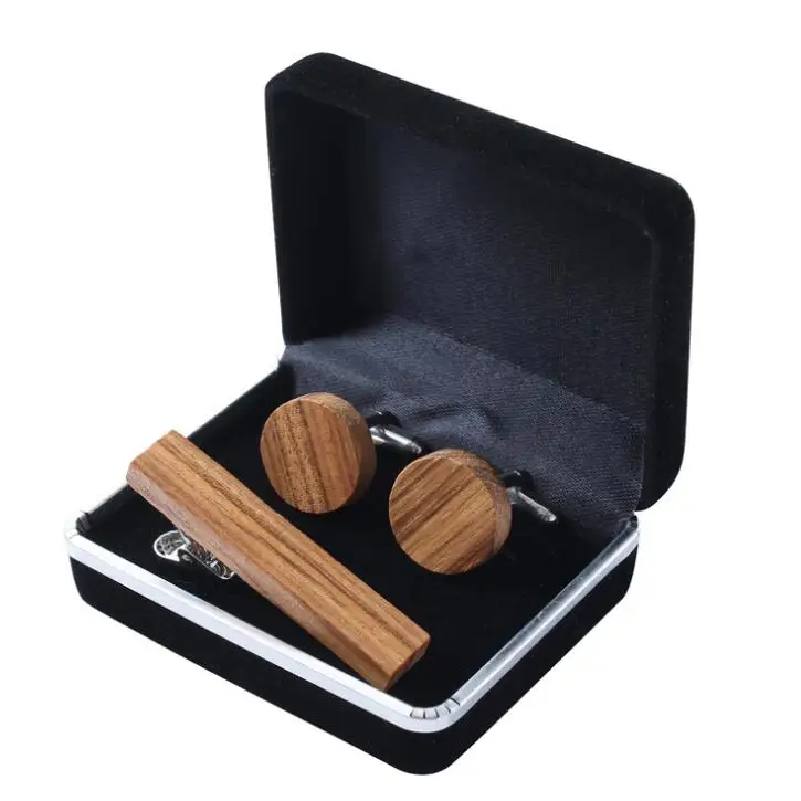 Custom personalized natural tie clips and round wood cufflinks for men shirts