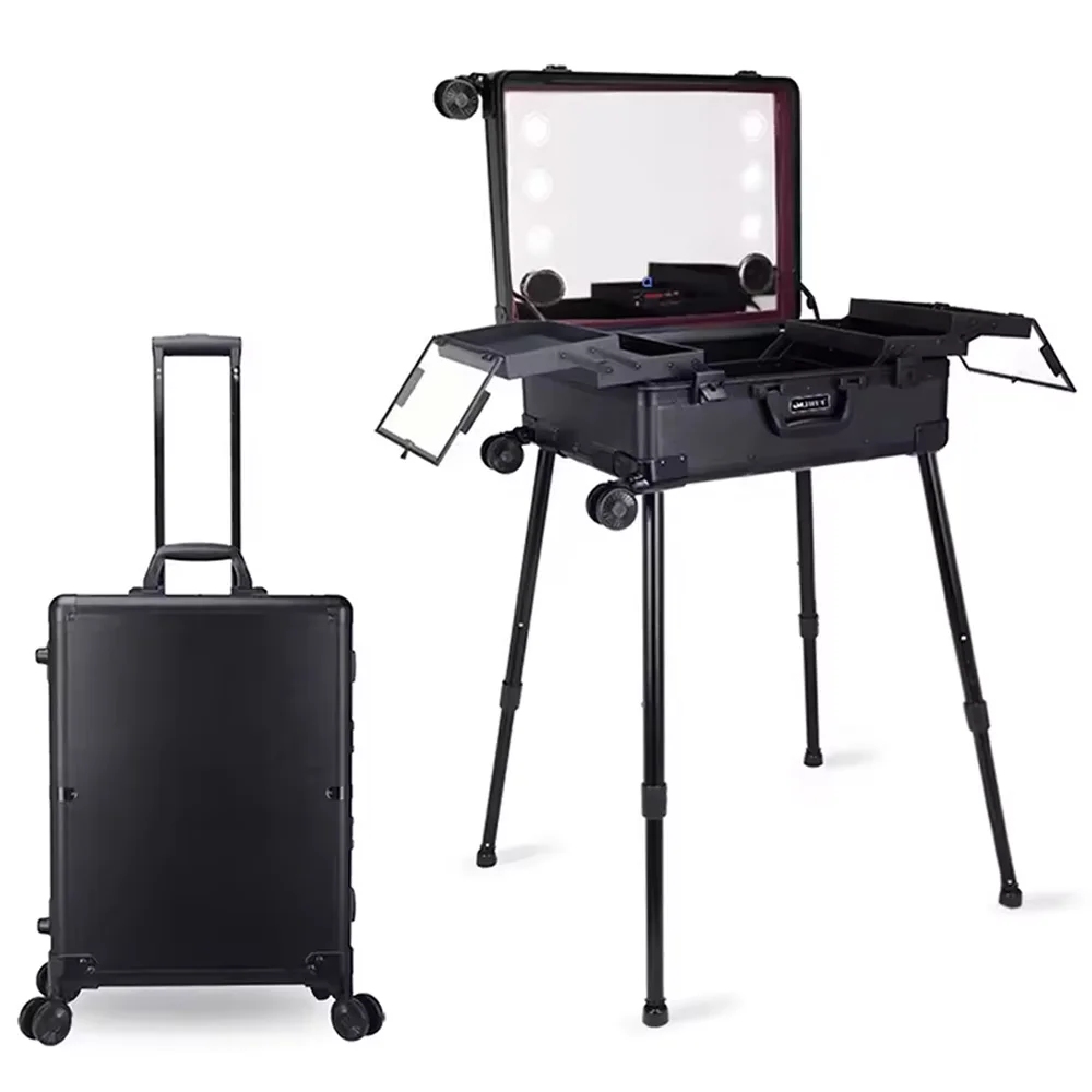 Makeup Travel Rolling Carry Case Cosmetic Beauty Trolley Suitcase Makeup Case Light Screen Mirror Adjustable Legs with led