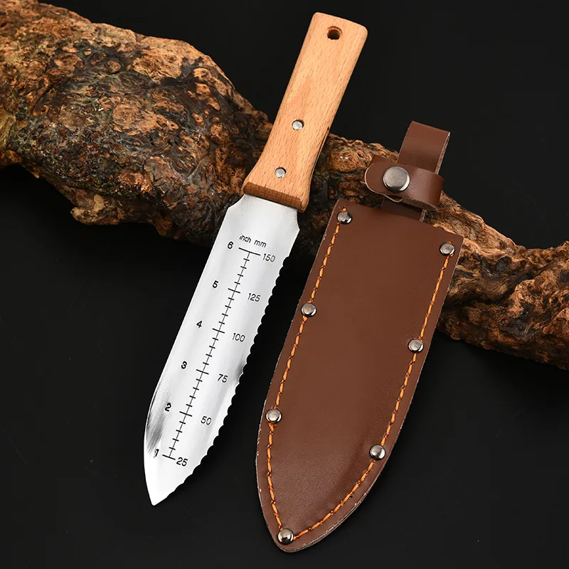 Stainless Steel Multifuntioning Gardening Tool for Planting Cutting Weeding with Serrated Edge and Depth Markings with Sheath