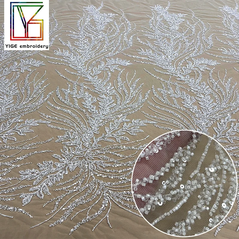Top quality luxury heavy beaded white tulle Lace With Sequins wedding embroidery Beads bridal lace dress fabric