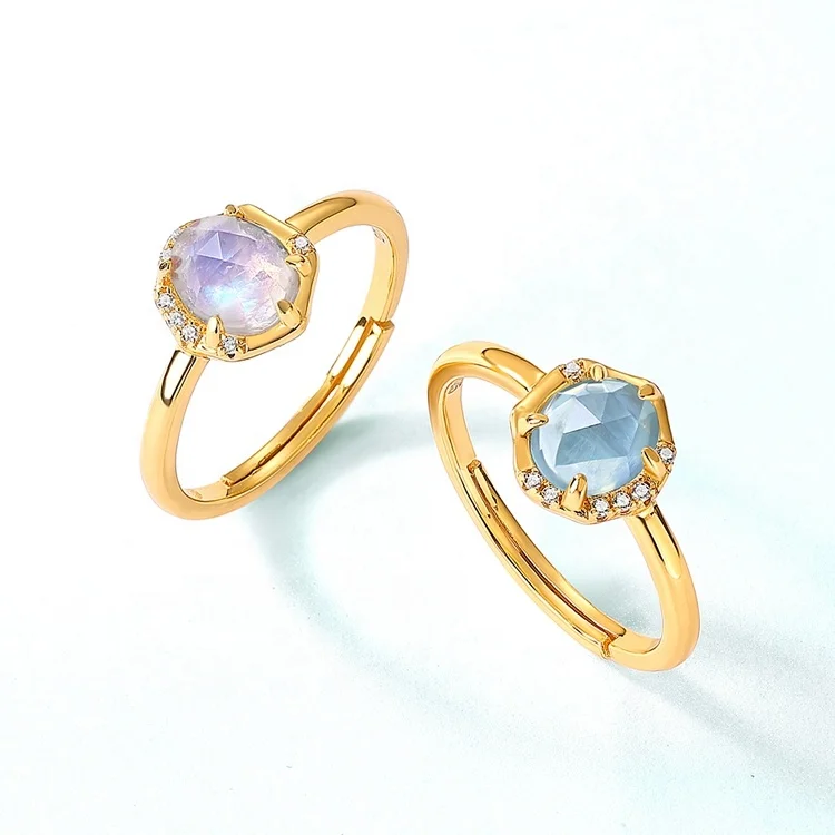 New Arrival Dainty Natural Gemstone Moonstone Rings 925 Sterling Silver Jewelry Women Adjustable Gemstone Rings for Gift