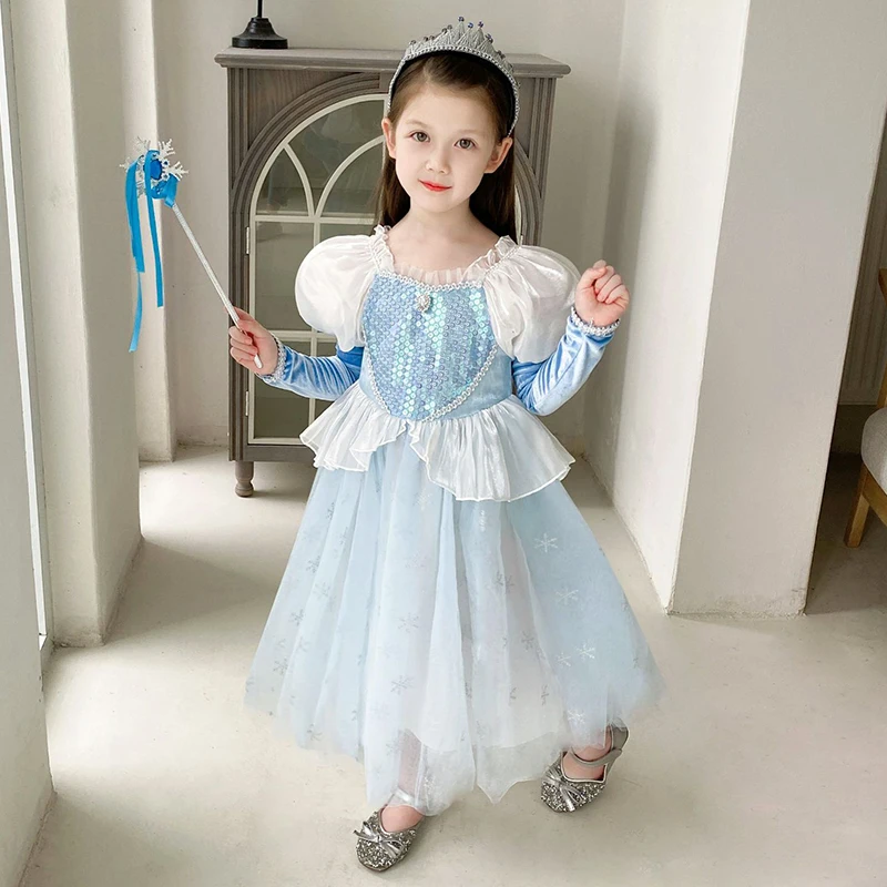 LZH Autumn New Elsa Cosplay Girls Princess Dress Carnival Halloween Costume Blue Scale Short Sleeve Ball Gown Children Clothes