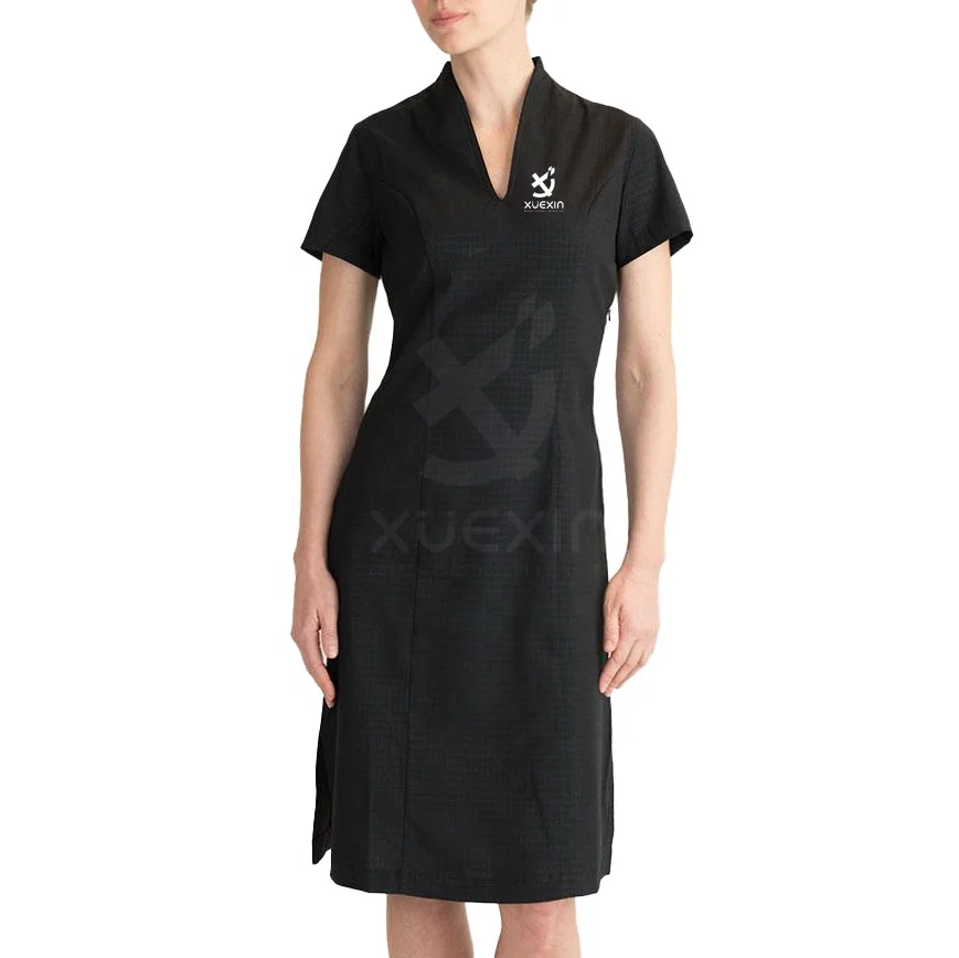 Stylish Housekeeping Uniforms V-neck Hotel Uniforms Maid Dresses Invisible Zip Housekeeping Dress