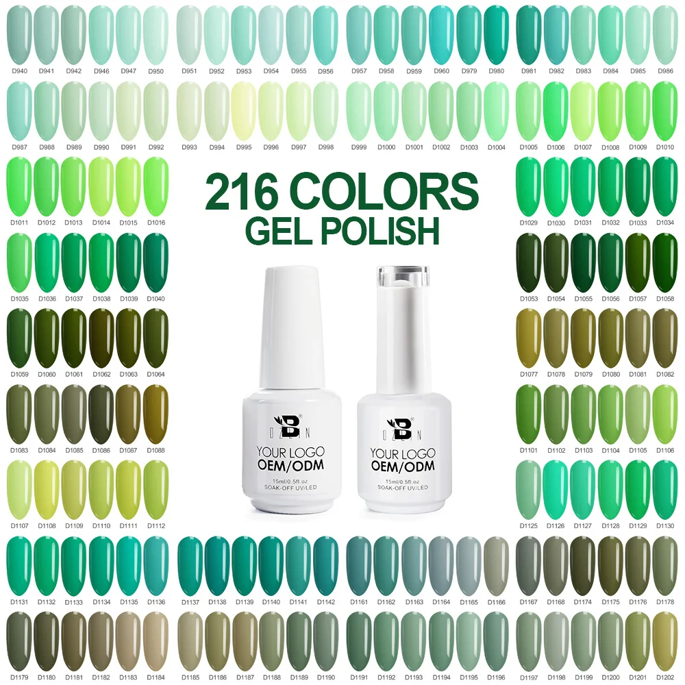 Private Label BOZLIN 15ml 216 Green Colors Semi Permanent Non Toxic Soak Off  Nail UV Gel for DIY Nail Art