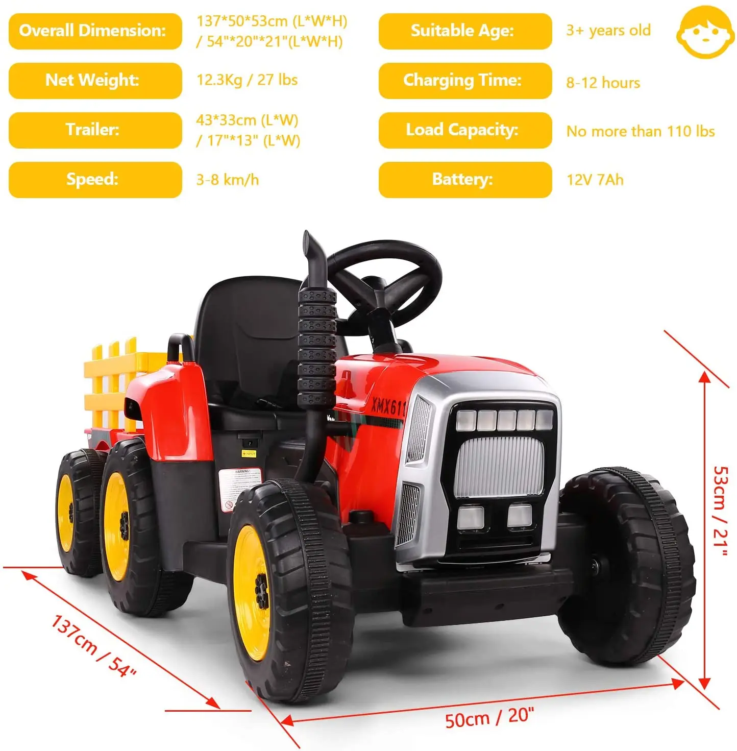 Ride on Tractor 12V7Ah, Kids Electric Car r with Remote Control Gear Shift, 7-LED Headlight, Horn Button