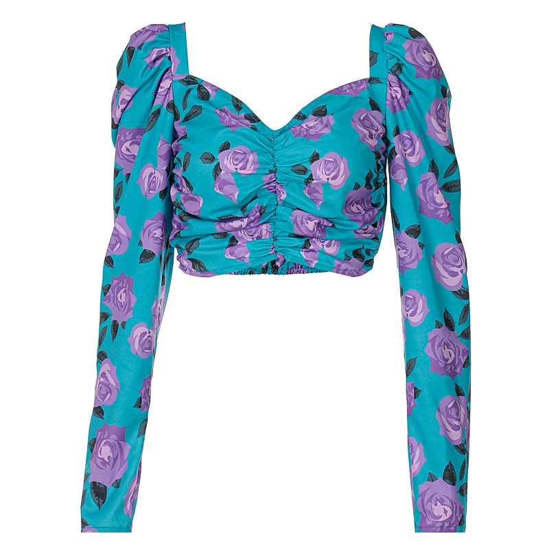 Ins/стильные женские 2120 осень новое платье с цветочным принтом Мода темперамент пупка складной квадратный вырез топы с пышными рукавами-фонариками