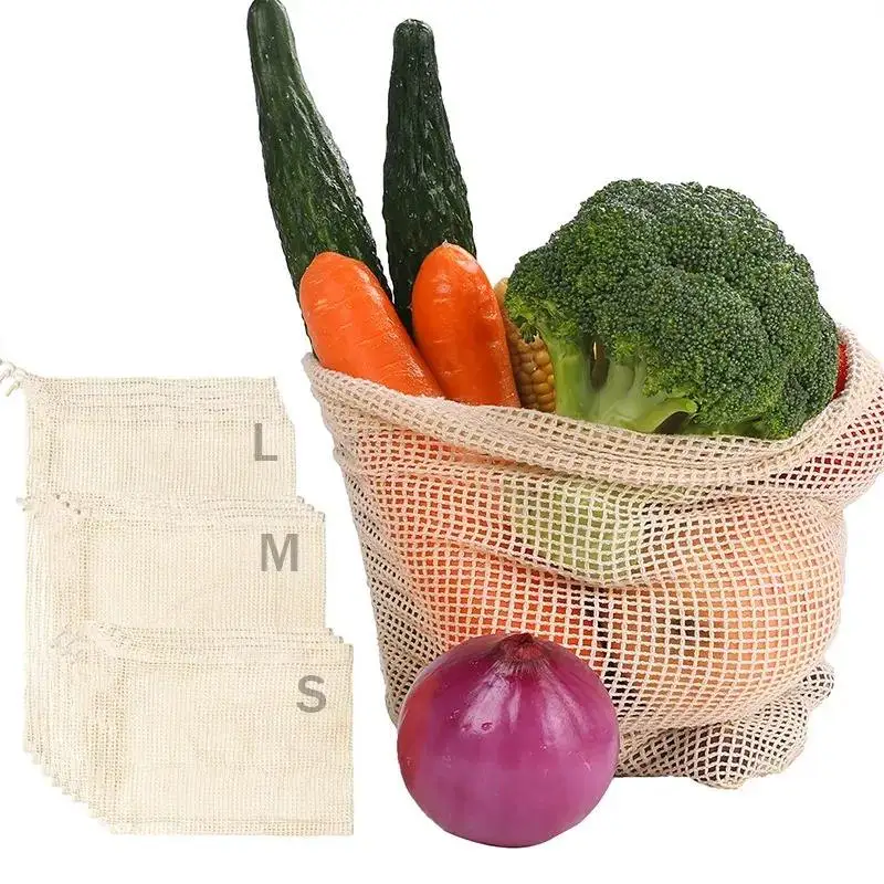 Cotton Mesh Bags with Drawstring for Fruit and Vegetables Storage Reusable Produce Net Mesh Drawstring Bag for Grocery
