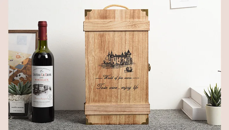 Custom logo double container portable wooden wine box 750ml 25oz red wine bottle packaging wooden box wine storage gift box