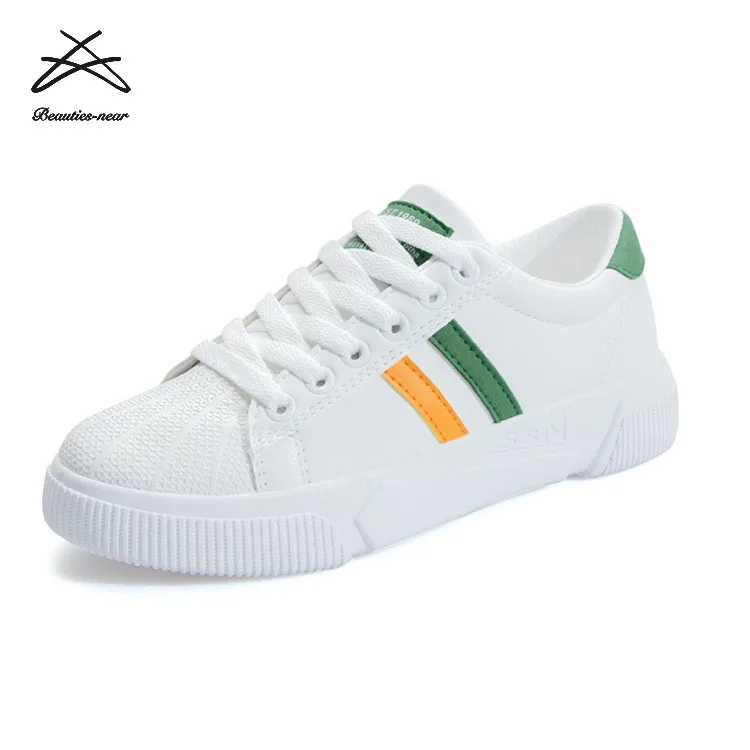 RTS Fashion new PU material women strip casual white sport school lace up shoes