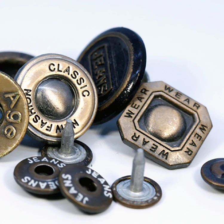 Custom Fashion Designer Luxury Decoration Engrave Gold Silver Brass Zinc Alloy Metal Badge Shank Jacket Jean Buttons Rivet Nut