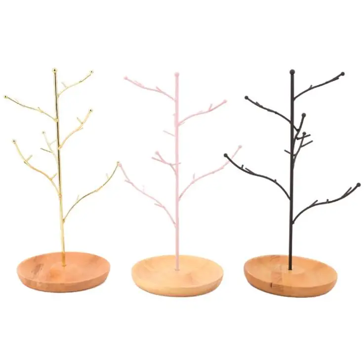 Jewelry Tree Stand Organizer Metal Display with Wooden Plate Base for Necklaces Bracelet Earrings Rings Jewelry Display Stand