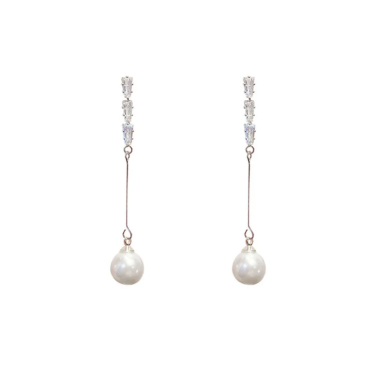  Jewelry 925 silver needle pearl long earrings female temperament celebrity Zircon Earrings simple