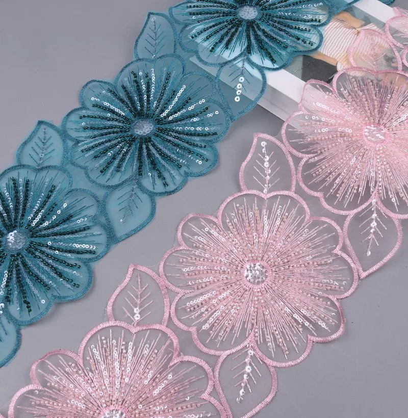 LS867 Best selling flower sequins embroidery mesh gauze lace trimming DIY headwear organza lace accessories