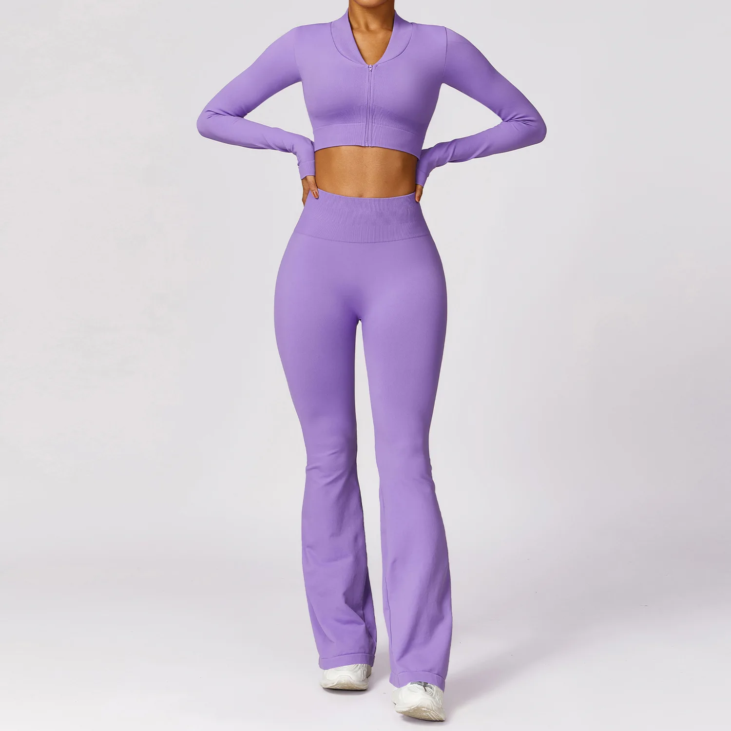 BASHAsports Women Seamless Sports Sets Women Slim Zipper Sports Jackets Crop Top High Waist Scrunch Butt Flare Pants