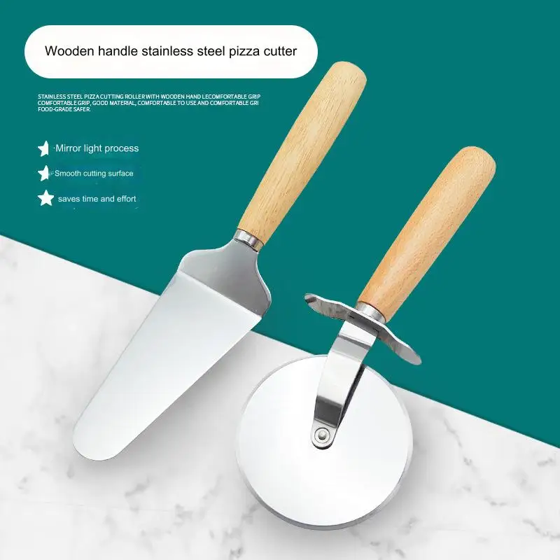 Stainless Steel Pizza Cutter Rocking Blade Pizza Baking Tools Stainless Steel Cake Server Spatula With Wooden Handle