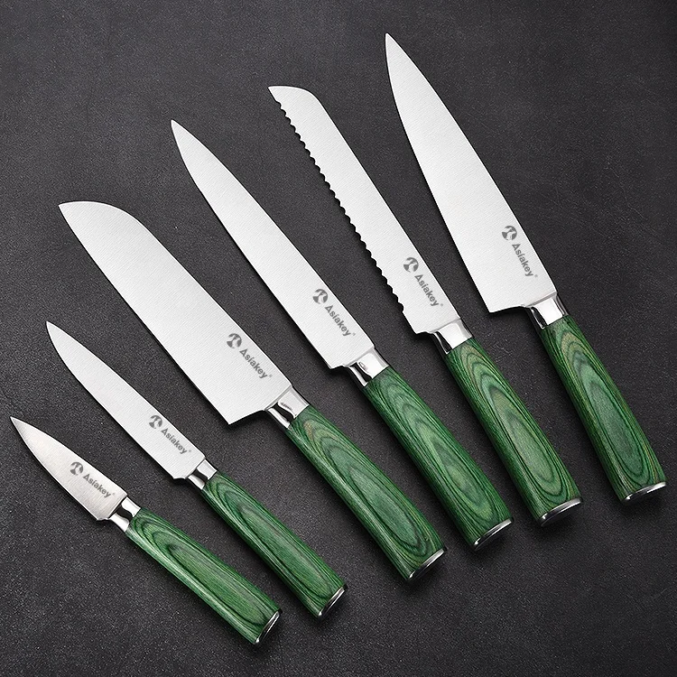Asiakey Green Pakka Wood Handle 7pcs Knife Set with Magnetic Knife Block Holder