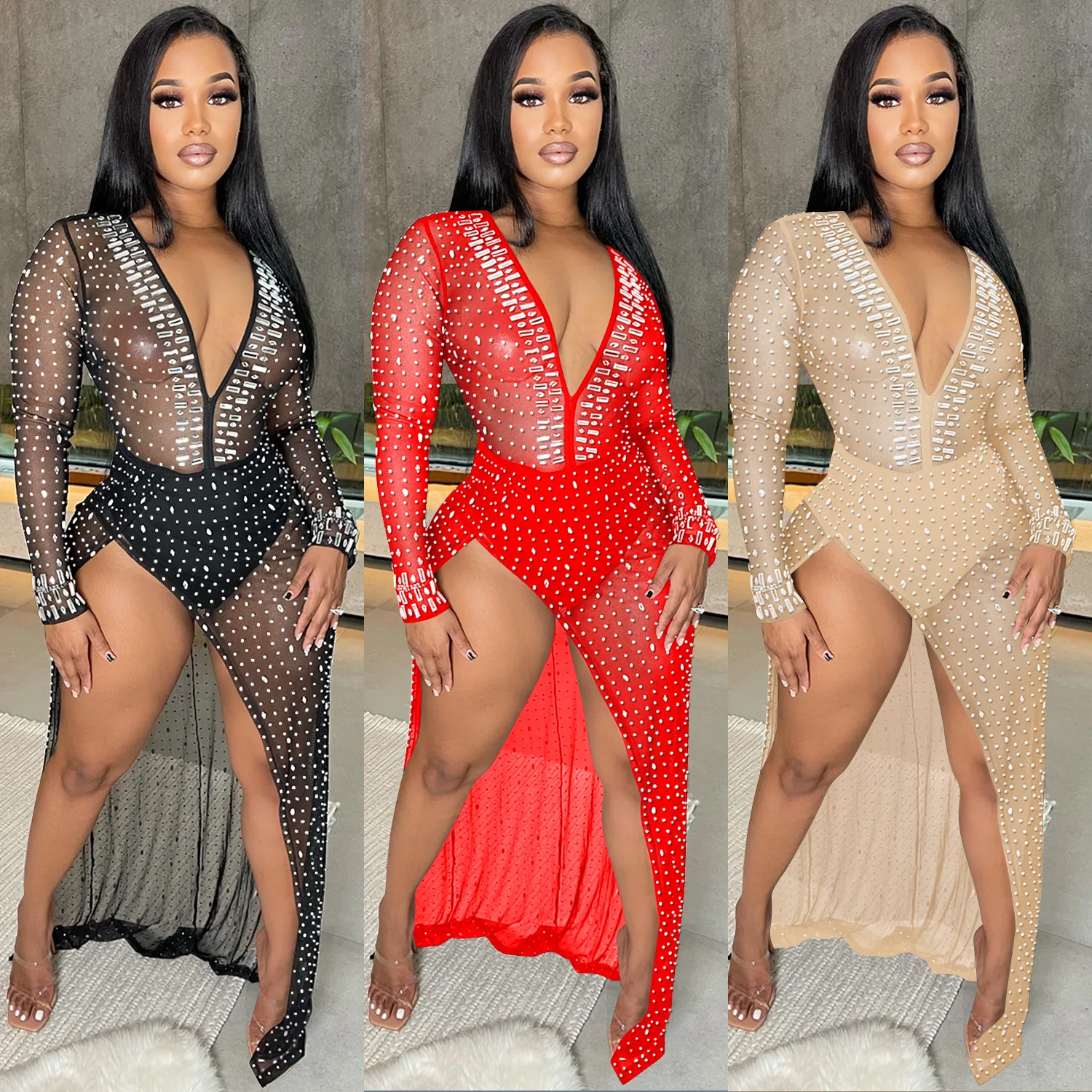 H9531 - High Quality trending new fashion long sleeve rhinestones women split dress club wear