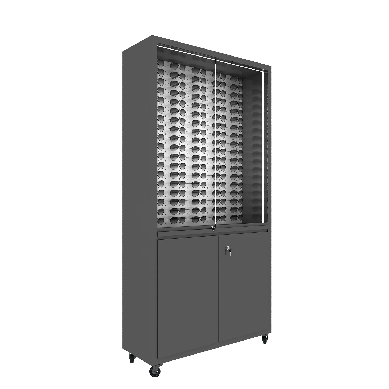 Europe eyewear brand shop locked wood rods sunglasses led wall optical display showcase with wheels