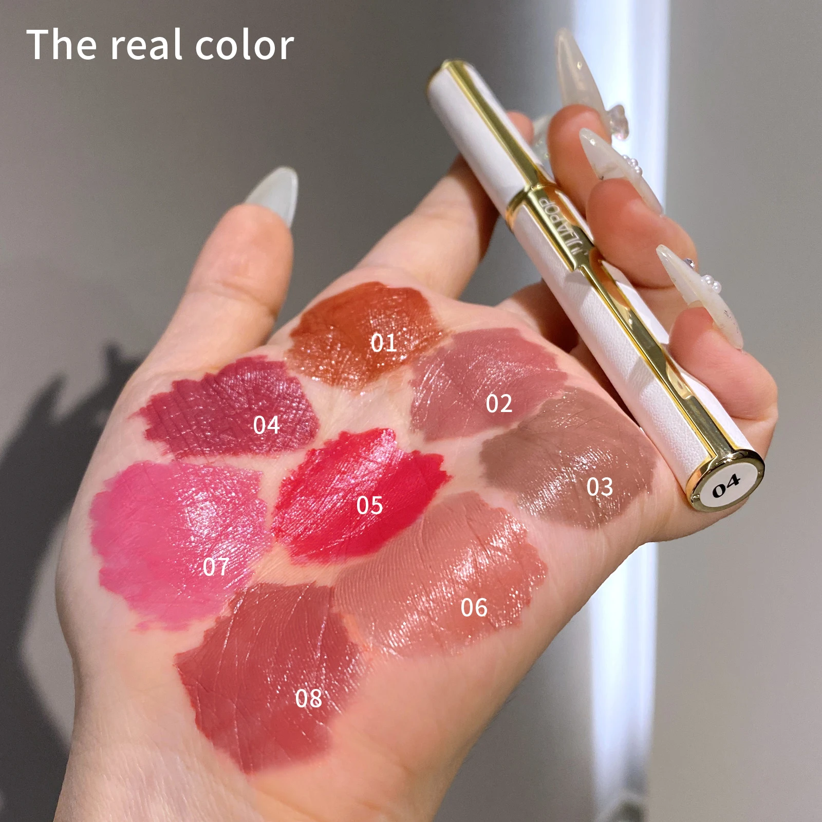 High-grade small white tube 8-color non-stick cup waterproof mirror moisturizing glitter lip glaze