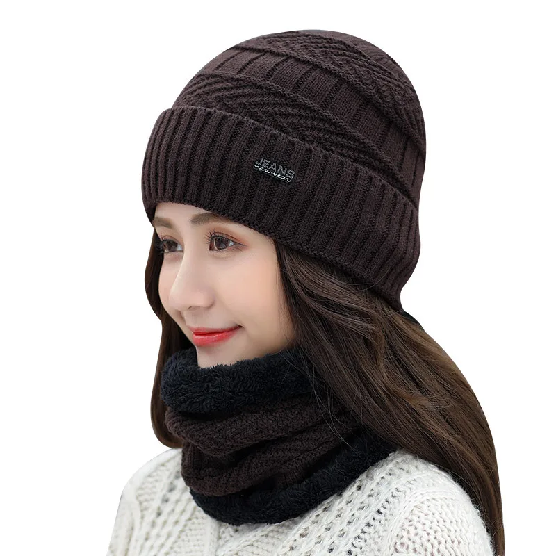 Korean style all-match fascinator thickened hats for ladies thermal hat warm knitted winter cap and scarf sets