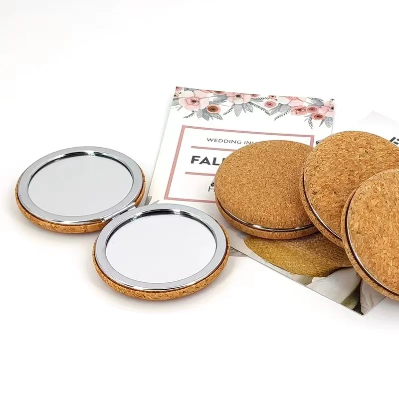 Folding makeup mirror advertising birthday gift PU cork double-sided portable girls bread mirror