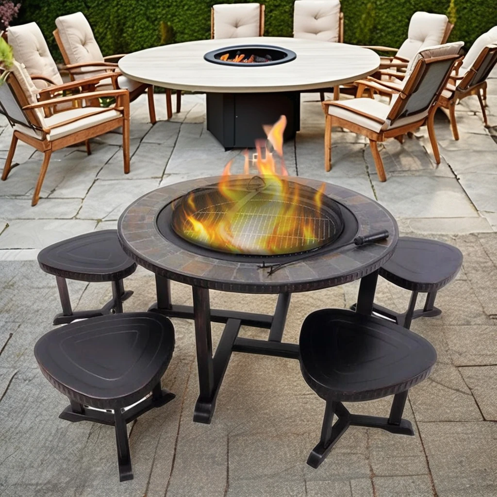 Portable 1 Table & 4 Stools Patio Outdoor Garden Furniture Set with Wood Burning Smokeless Fire Pit Dining Table and BBQ Grill