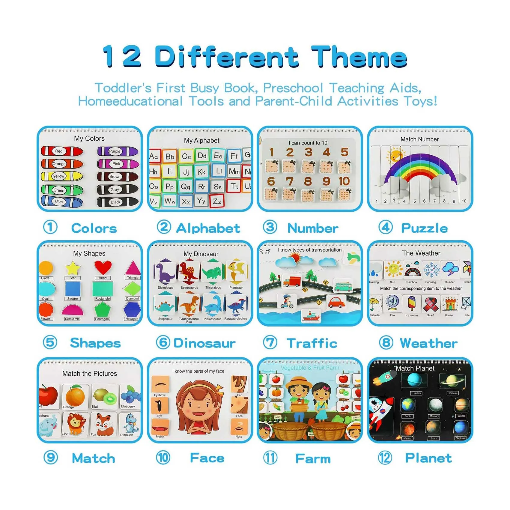 Busy Book for Kids, Montessori Toys for Toddlers Autism Sensory Educational Toys 12 Pages Toddler Preschool Activity Binder