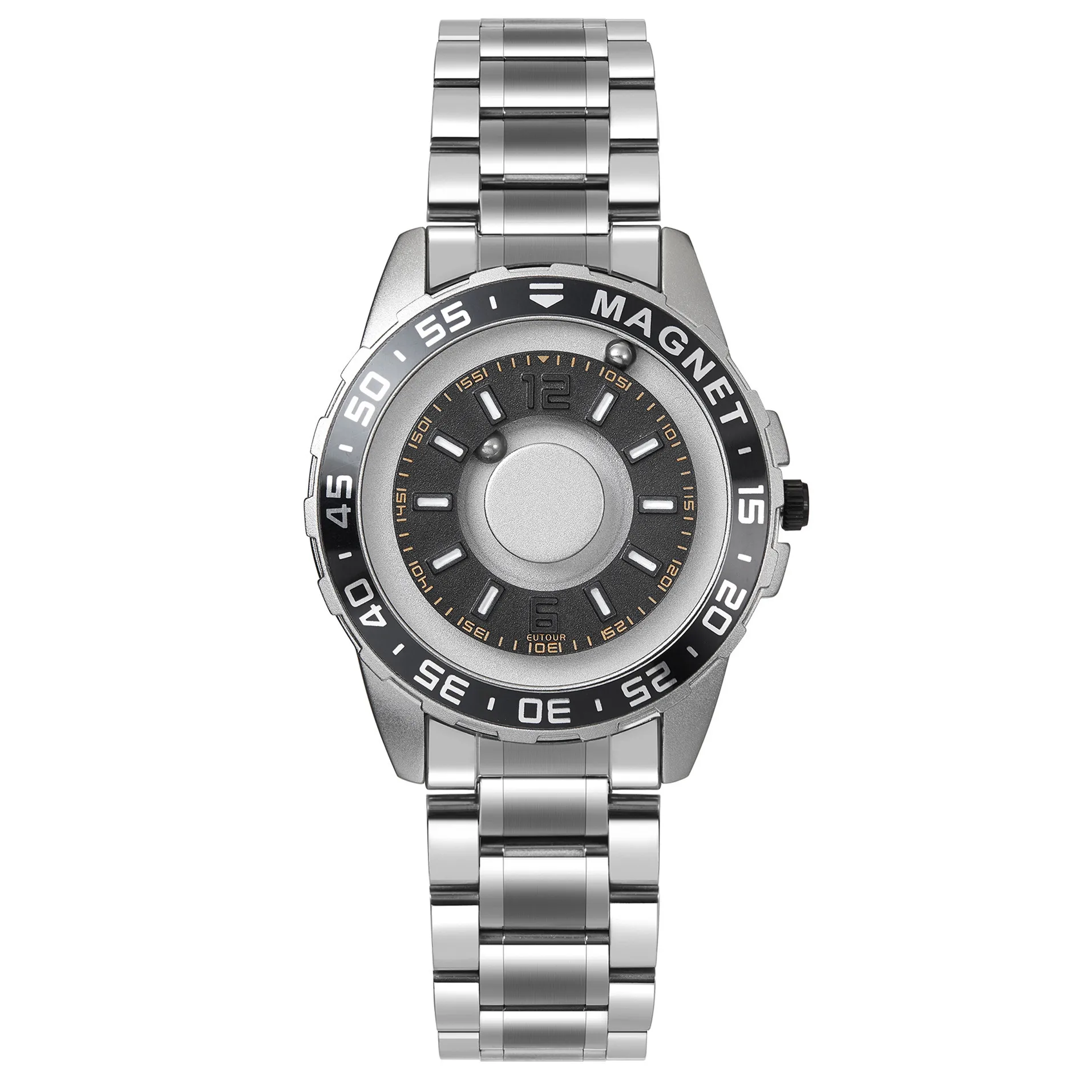 Eutour 026 New Hot Sale Magnetic Sphere Pointer Watch Men Fashion Simple Quartz Watches Stainless Steel Black Wristwatches