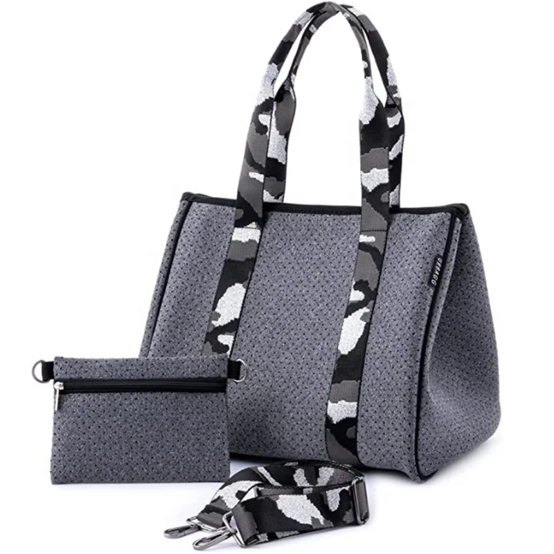 Wholesale Perforated Neoprene Waterproof Fashion Tote Bag Beach Bag Camouflage  customized neoprene zipper Shoulder Handbags