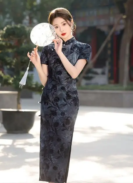 Ecoparty черное традиционное китайское платье Mujer Vestido женское атласное мини Ципао Cheongsam с цветами