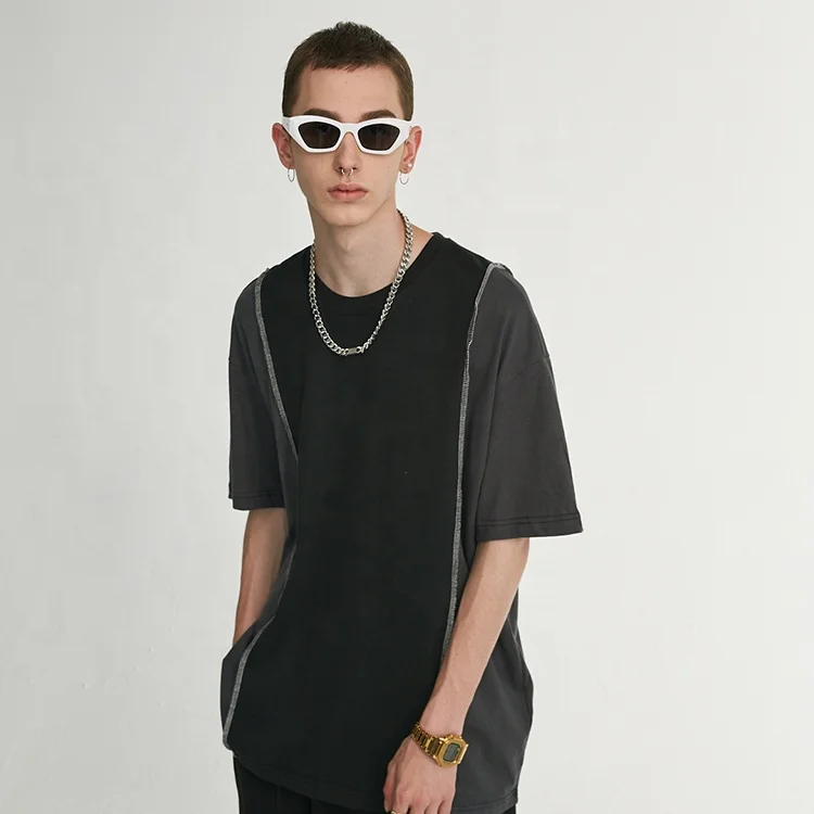 Wholesale Contrast Color Short Sleeved Plenty Stock Black Khaki Patchwork Design Plain Wholesale t Shirts