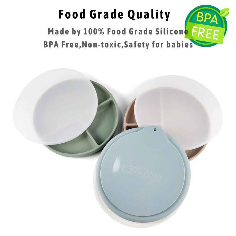 New Design Baby Silicone Suction Plate Divided With Lid Kids Dinner Plate