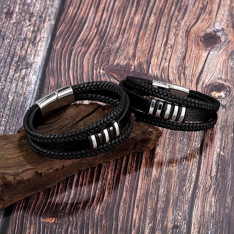 Jewelry Wholesale Punk 3 Layer Bangle Jewelry Stainless Steel Magnetic Buckle Wrap Braided Genuine Leather Bracelet Men