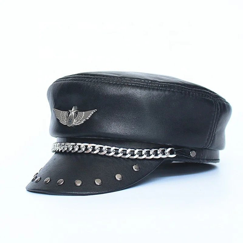 
Fashion PU Leather Military Captain Hat Sailor Hat For Women Men Travel Peaked Beret Hats 