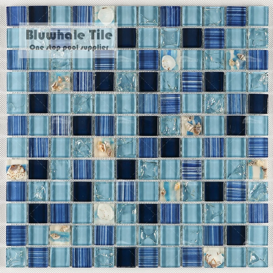Bluwhale Tile Wholesaler Bathroom Stone Conch Resin Mix Blue Square Glass Swimming Pool Mosaic Tile Pool Mosaic Crystal