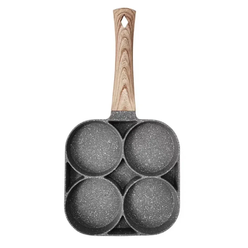 Nonstick Egg Steak Frying Pan With Lid,4 Section Aluminium Alloy Fried Egg Cooker With Wood Handle