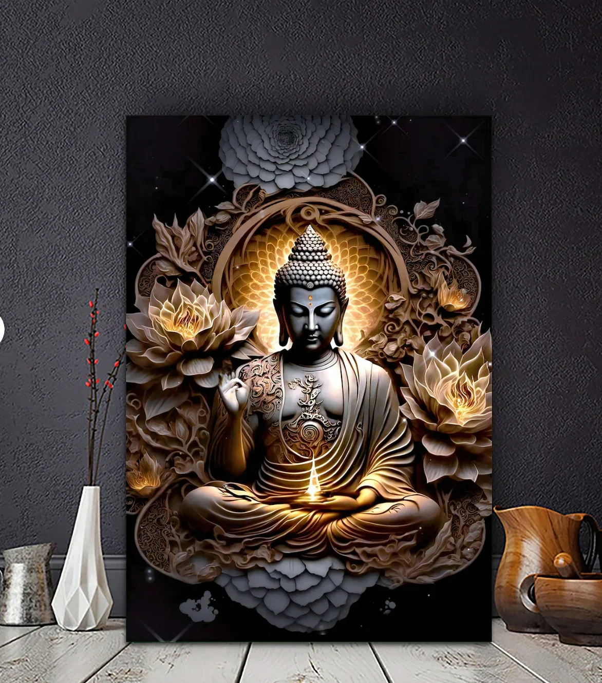 Custom Religious Wall Art Buddha Sculpture Canvas Print Wall Decor Buddha Holding Candle Canvas painting  Wall Art For home deco
