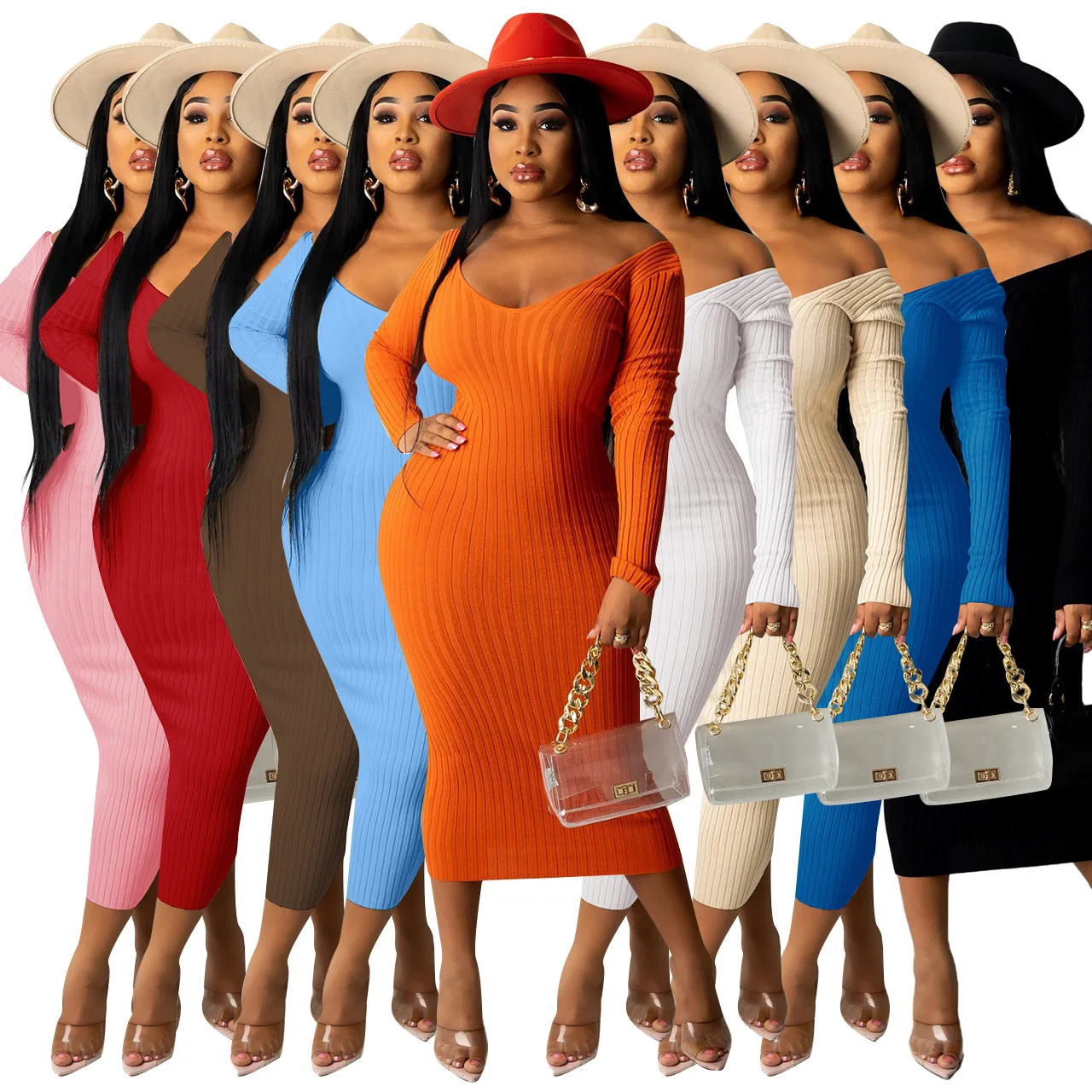 Fashion Ladies Fall And Winter 9 Colors Deep V-neck Strapless Knitted Sexy Bodycon Sweater Dress