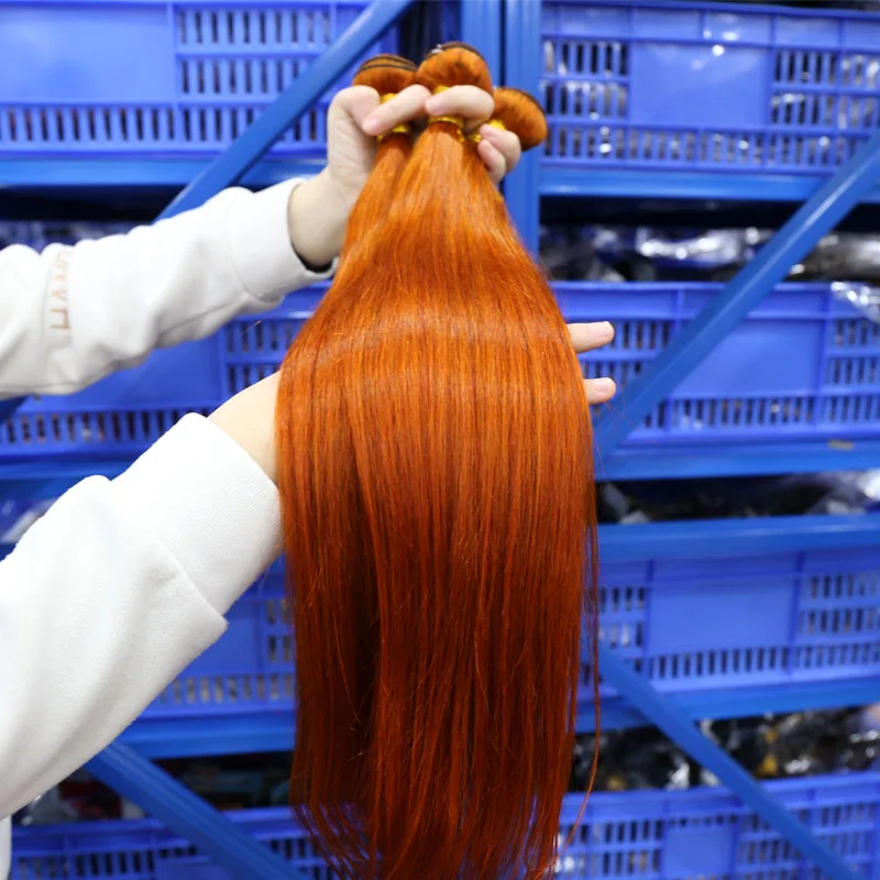 Orange Ginger Color Straight Virgin Human Hair Extensions,350# Orange Ginger Ombre Color Hair Bundles with Lace Frontal Closure