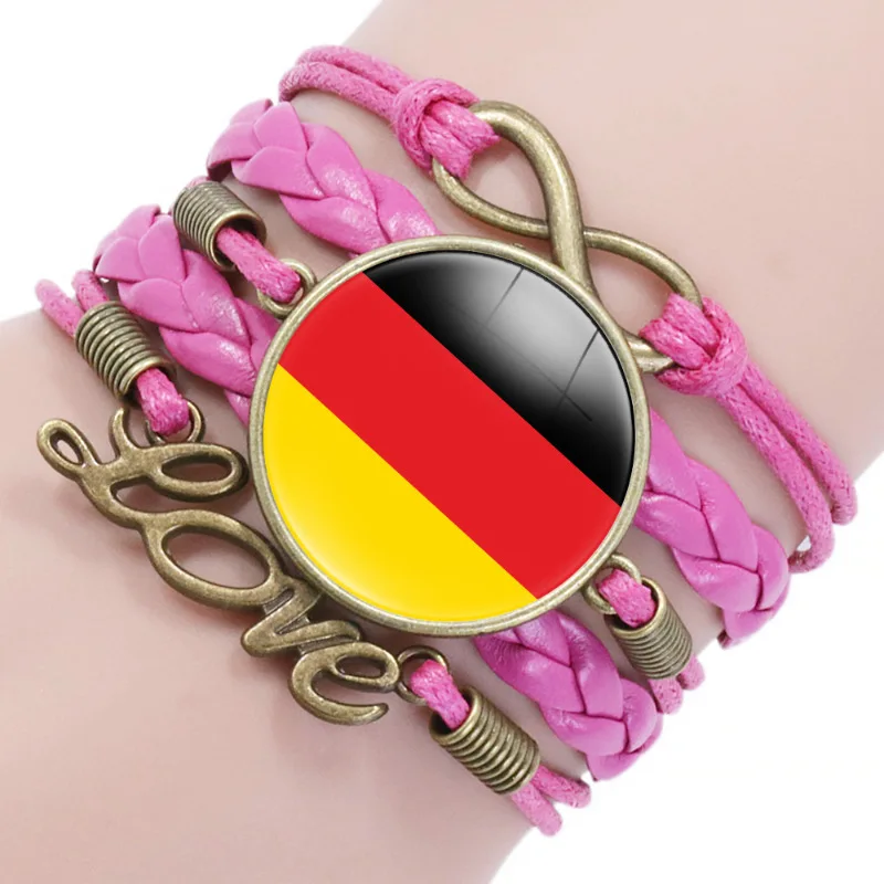 Manufacturer European National Country Flag Design Infinity Love Pink Leather Wrap Bracelet
