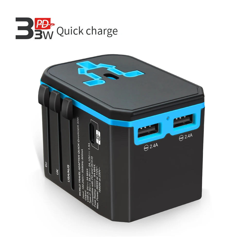 Все в одном Универсальный адаптер путешествия 3 USB 33 Вт PD быстрое зарядное устройство США ЕС AUS Великобритания по всему миру