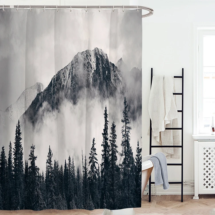 Rustic Scenery Foggy Waterproof Nature Mountain Tree Misty Rain Forest Shower Curtain