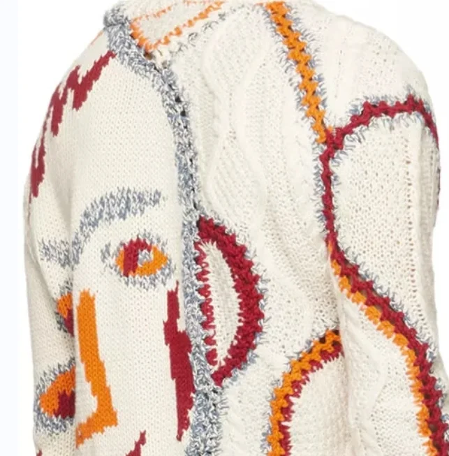 YF  Custom V Neck Abstract Knitted Fashion Button Up Loose Long Sleeve Jacquard Cardigan  Beige Sweater Pattern Cardigan Men