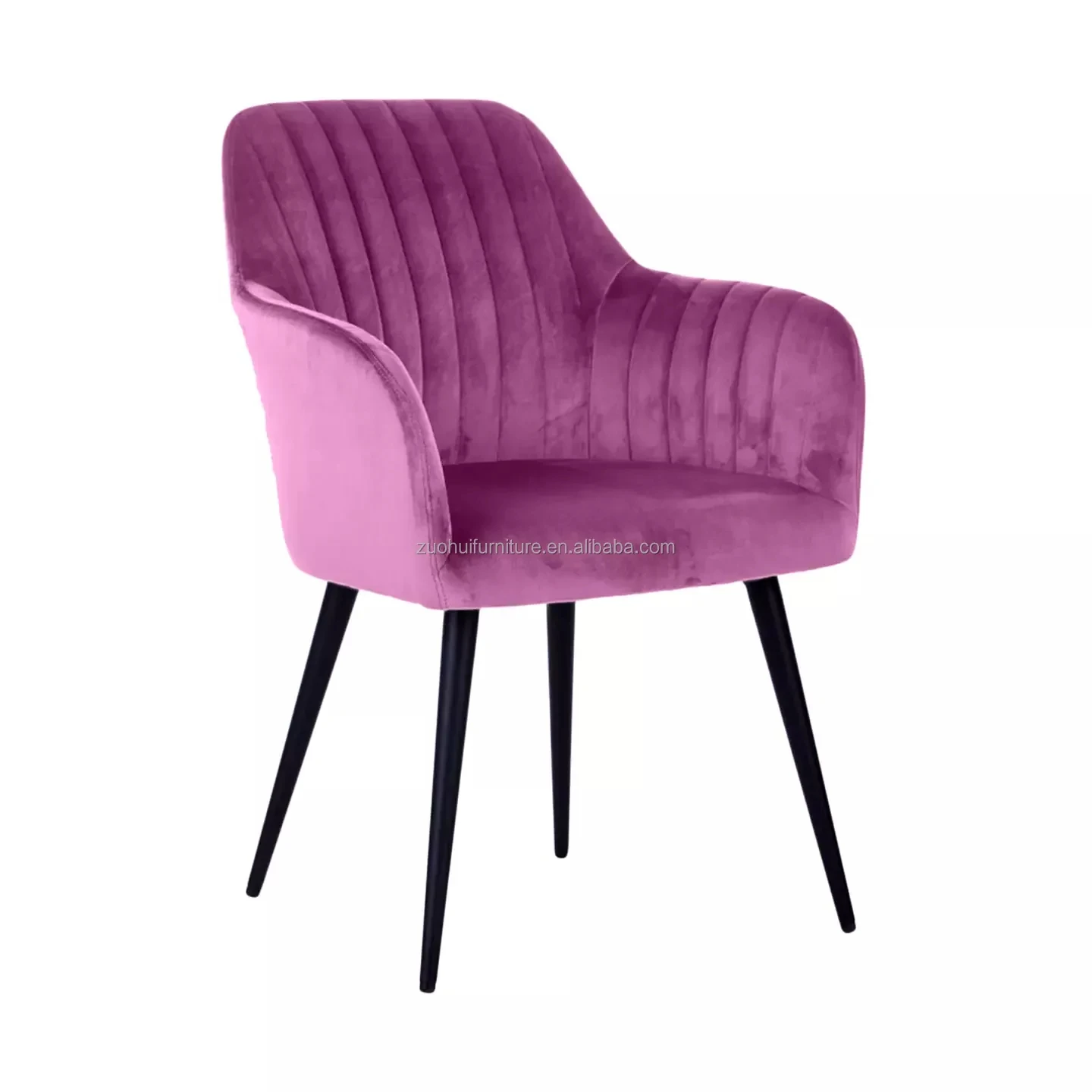 Latest design china luxury leisure armrest purple fabric upholstered dining chair with metal leg