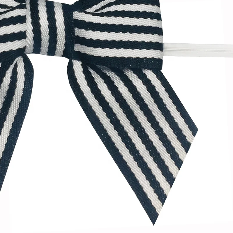 Wholesale Black and White Stripe Grosgrain Ribbon Bow With Wire Twist